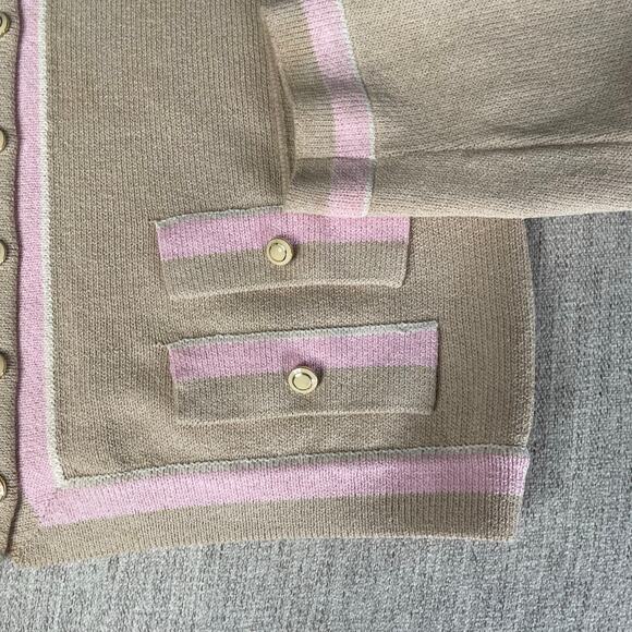 ST JOHN Santana Preppy Classic Knit Sweater Tan Pink Button Up 8 Medium - Picture 4 of 7